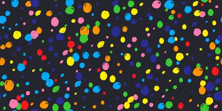 Rainbow party polka. Explosion seamless background of bright confetti. Geometric ink color dot. Abstract random art for celebratory design,  wedding theme, banner, gift packaging, poster. Vectorのイラスト素材