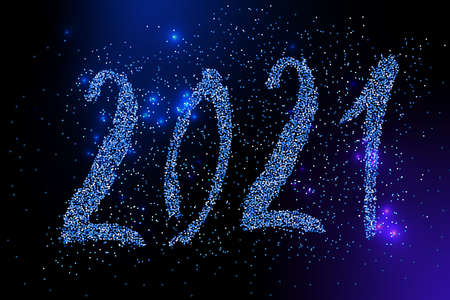 2021 Happy New Year card. Blue glitter confetti sparkles backdrop.  Shining 2021  hand written...