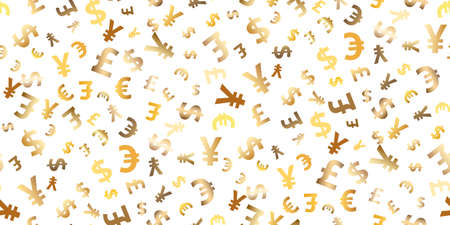 Seamless pattern euro, dollar, pound, yen gold symbols flying currency. Trendy investment pattern. Can be used for ad, poster, banner of british, japanese, european, american money exchange. Vectorのイラスト素材