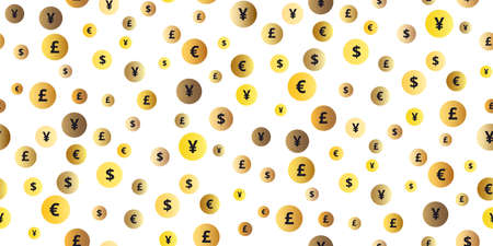 Seamless pattern euro, dollar, pound, yen gold symbols flying currency. Trendy investment pattern....
