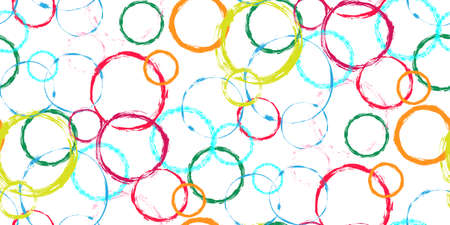 Multicolored abstract grunge hand drawn circle stamps textile print on white background. Circular splotch overlapping elements seamless pattern. Grunge texture circle stamps textile print. Vectorの写真素材