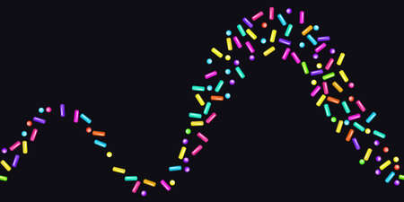 Sprinkle realistic with grains of desserts. Seamless pattern bright colorful sprinkles grainy isolated on black. Design for holiday designs, party, birthday, invitation. Vector 3d sweet confettiのイラスト素材