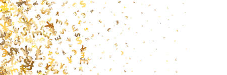 Seamless pattern euro, dollar, pound, yen gold symbols flying currency. Trendy investment pattern. Can be used for ad, poster, banner of british, japanese, european, american money exchange. Vectorのイラスト素材