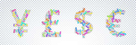 Set icons sprinkle with colorful grains desserts of currency isolated. Dollar, Euro, Pound sterling, Yuan or Yen cash. Decoration element for design of flyer, poster, calendar, cover, title. Vectorの写真素材