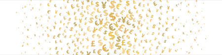 Seamless pattern euro, dollar, pound, yen gold symbols flying currency. Trendy investment pattern. Can be used for ad, poster, banner of british, japanese, european, american money exchange. Vectorのイラスト素材