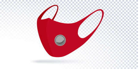 Red face mask fabric with breather filter valve. Cotton respirators with activated carbon filter. Protection against germs, bacteria, dust, mucus and saliva. Personal hygiene product. Vectorのイラスト素材