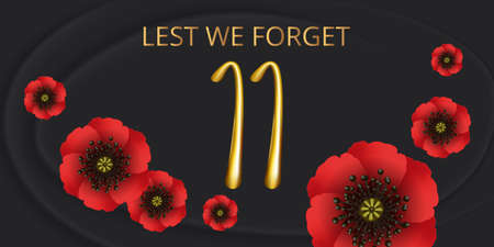 Remembrance day lest we forget. Red poppy flower international symbol of peace on black background....