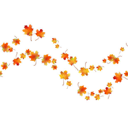Horizontal seamless pattern bright dried maple autumn foliage isolated on white. Graphic design autumn symbol. Red orange yellow autumn leaves with shadow. Autumn foliage seasonal background. Vectorのイラスト素材