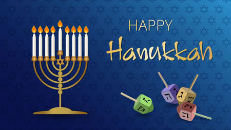 Hanukkah Shining Background with Menorah, David Star and dreidels. Happy Hanukkah background. Traditional Chanukah symbols isolated on blue. Great for horizontal posters, header website. Vectorのイラスト素材