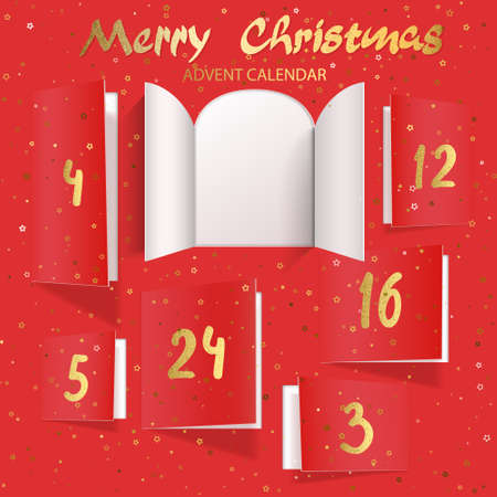 Christmas advent calendar door opening. Realistic an open wide doors with gold lettering on red background. Template to reveal a message. Merry Christmas poster concept. Festive vector illustrationのイラスト素材