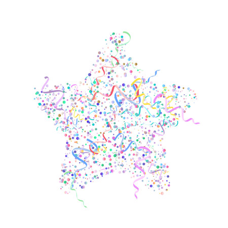 Star-shaped pattern of falling festive pleasing multi colored ribbon, confetti. Admirable bright sparkling background with random particles on white. Template vector Illustration for carnivalのイラスト素材
