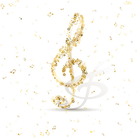 Luxury Gold Treble Clef of the stellar against on flying random golden notes. Beautiful musical notation symphony for banner of festival, print design, melody recording, design back layers. Vectorのイラスト素材