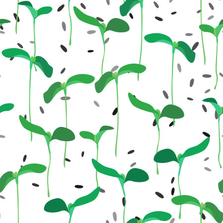 Seamless pattern microgreen. Young leaves seedlings, seeds isolated on white. Raw sprouts, microgreens, healthy eating concept. Foliage nature plant for design, advertising, packaging products. Vectorのイラスト素材