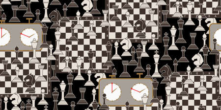 Seamless pattern with chess pieces. Monochrome flat king, queen, bishop, knight, rook, pawn, chess board and chess clock. Perfect for textile, wallpapers, web page, packaging materials. Vectorのイラスト素材