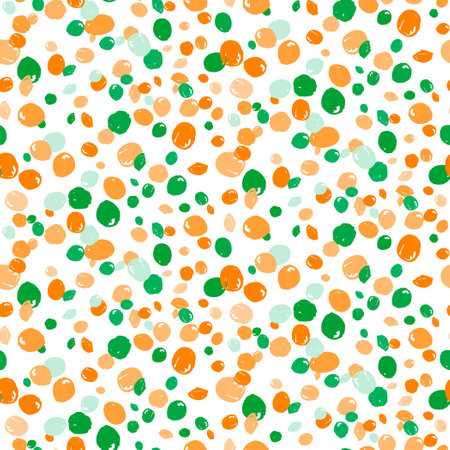 Explosion seamless background of orange, green confetti on white background. Geometric ink color dot. Abstract random art for celebratory design for St. Patricks Day, banner, gift packaging, posterのイラスト素材