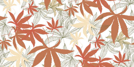 Horizontal seamless pattern with marijuana hemp leaves isolated on white. Hand drawn cannabis leaves. Marijuana Legalization. Template for textile, packaging materials, banner, web design. Vectorのイラスト素材