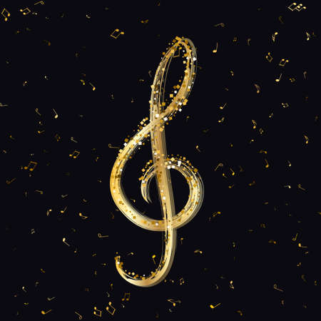 Luxury Gold Treble Clef of the stellar against on flying random golden notes. Beautiful musical notation symphony for banner of festival, print design, melody recording, design back layers. Vectorのイラスト素材
