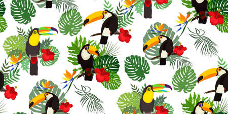Tropical seamless pattern with bright tropical bird Toucan, green jungle palm, monstera leaves, hibiscus flowers and strelcia flowers. Perfect for textile, wallpapers, web page backgrounds. Vectorのイラスト素材