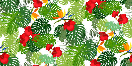 Tropical seamless pattern with bright exotic jungle lush branches palm, monstera leaves, hibiscus...