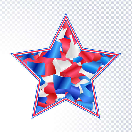 Red, white, blue glossy confetti flying on white. Flying tinsel sparkles, gradient foil confetti falling in colors of USA flag. American Independence Day or President Day backdrop. Vector oval frameのイラスト素材