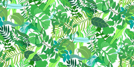 Seamless pattern of green leaves various trees. Foliage of natural branches. Green fresh beauty rustic eco background. Botanical design for textile, wallpaper, website, wrapping paper. Vectorのイラスト素材