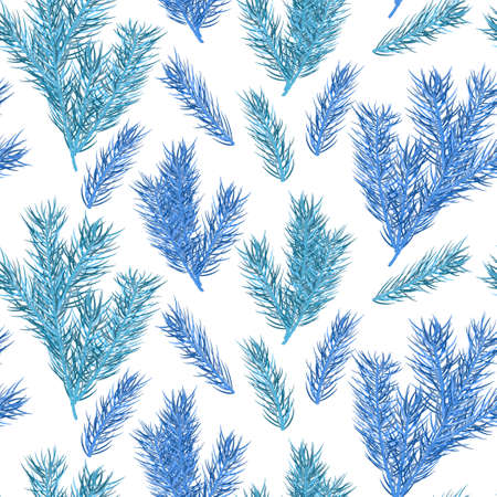 Seamless pattern with blue pine branches. Christmas holiday seamless background. Great for New year and Christmas party posters, headers, seasonal wallpaper, winter background, textile fabric. Vectorのイラスト素材