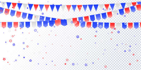 Red, white, blue flags, confetti on white. Concept in colors flag of USA, chile, france, netherland, australia, united kingdom. American Independence Day or President Day backdrop. Vector seamlessのイラスト素材