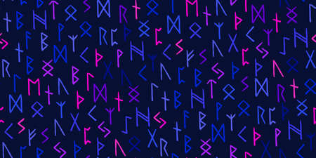 Runes seamless ethnic pattern. Runic alphabet, Futhark. Ancient norse occult symbols, bright vikings letters on dark blue, rune font. Design for fabric, wallpaper, scrapbook, wrapping. Vectorのイラスト素材