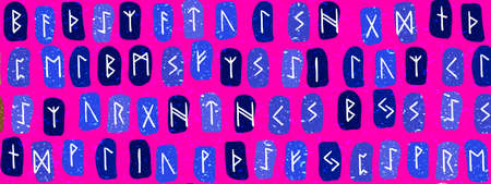 Runes seamless ethnic pattern. Runic alphabet, Futhark. Ancient norse occult symbols, bright vikings letters on dark blue, rune font. Design for fabric, wallpaper, scrapbook, wrapping. Vectorのイラスト素材