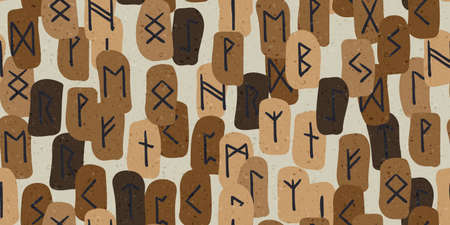 Runes seamless ethnic pattern. Runic alphabet, Futhark. Ancient norse occult symbols, black vikings letters on brown, rune font. Design for fabric, wallpaper, scrapbook, wrapping. Vector illustrationのイラスト素材