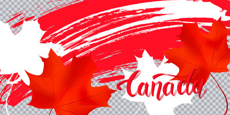 Grunge brush stroke with Canada national flag. Canada Day background with maple leaves in red. Decorative design elements for Canadian national holidays. Symbol of Canada. Vector illustrationのイラスト素材