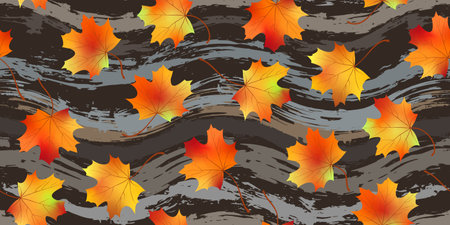 Seamless pattern of bright colorful maple autumn foliage on grunge waves background. Autumn graphic design symbol. Red orange yellow dry autumn leaves. Autumn foliage seasonal background. Vectorのイラスト素材