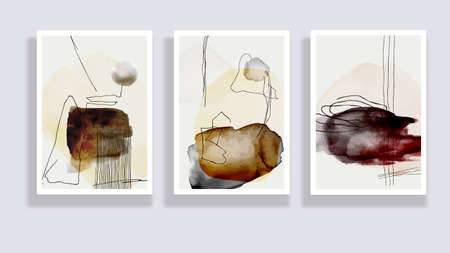 Trendy set of watercolor minimalistic abstract hand painted illustrations. Abstract compositions doodles various shapes. Great for design wall decoration, postcard or brochure cover design. Vectorのイラスト素材