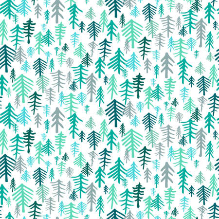 Seamless pattern with simple minimalist christmas trees decorated. Hand drawn doodle sketch drawing...