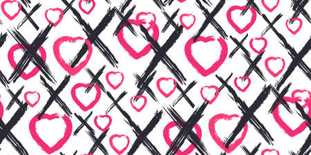 Grunge vector seamless pattern with XOXO hand written phrase, hearts isolated on white. Hugs and kisses sign. Modern ink calligraphy. Illustration design for Valentines Day, wedding invitation cardのイラスト素材