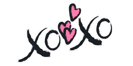 Grunge pattern with XOXO hand written phrase and hearts isolated on white. Hugs and kisses sign. Modern ink calligraphy. Design for Valentines Day, wedding invitation card. Vector illustrationのイラスト素材