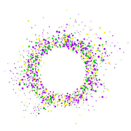 Round pattern of beautiful geometric yellow, green, purple confetti on white background. Great forIdeal for greeting card, poster, web template. Vector backgroundのイラスト素材