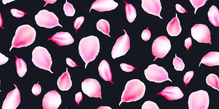 Seamless pink sakura petals. Falling realistic cherry petals Isolated on black. Japanese funky flowers wallpaper. Perfect for wedding border, Valentines day, mother's day. Vector romantic illustrationのイラスト素材