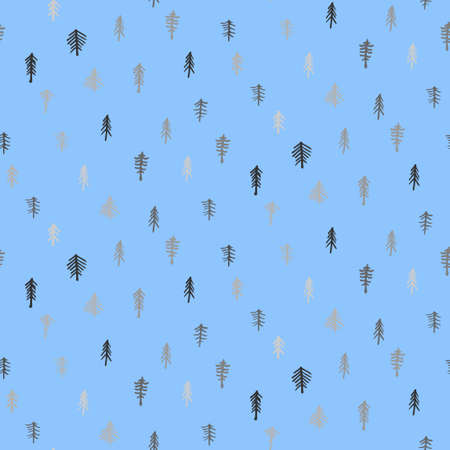 Simple minimalist christmas trees on blue seamless pattern. Doodle holiday fir for textile, wrapping...