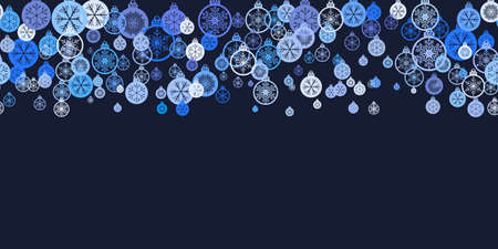 Christmas balls with pattern snowflake cut out of paper seamless pattern. Modern flat design. Horizontal holiday Wallpaper. Winter infinite background. Blue snowflakes balls on dark background. Vectorのイラスト素材