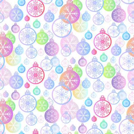 Colorful Christmas balls with pattern snowflake seamless pattern. Modern flat design. Holiday Wallpaper. Winter infinite background. Iridescent snowflakes balls on white background. Vectorのイラスト素材