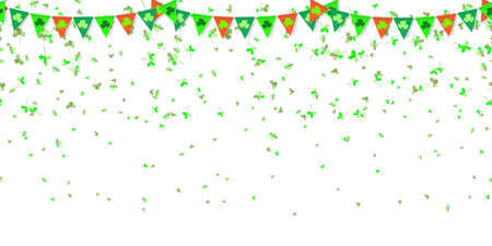 Saint Patricks day horizontal background with clover leaves, garlands of flags with shamrock symbols on white background. Irish decor for greeting card, poster and web, website. vector illustrationのイラスト素材