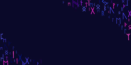 Runes ethnic pattern. Runic alphabet, Futhark. Ancient norse occult symbols, colorful pink, blue vikings letters on dark blue background, rune font. vector illustrationのイラスト素材
