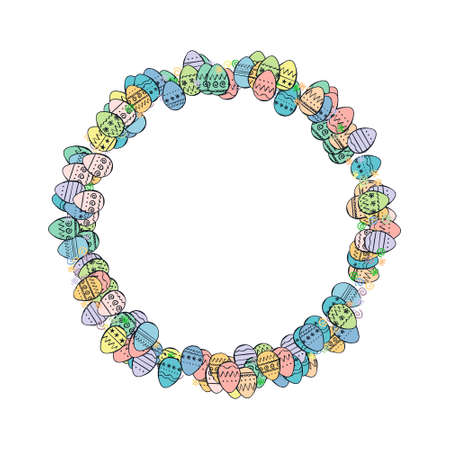 Easter pattern with cartoon eggs on white. Decorative colored easter eggs with ornaments. Design for greeting card, ad, promotion, poster, flyer. Joyful wishes, holiday greetings. vector illustrationのイラスト素材