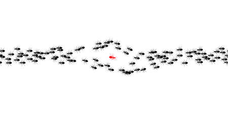 Colony ant. Workers ants marching, one ant changing direction. Be yourself, think differently concept. Going out of line, innovation, unique, leadership, different way, new idea. Seamless vectorのイラスト素材