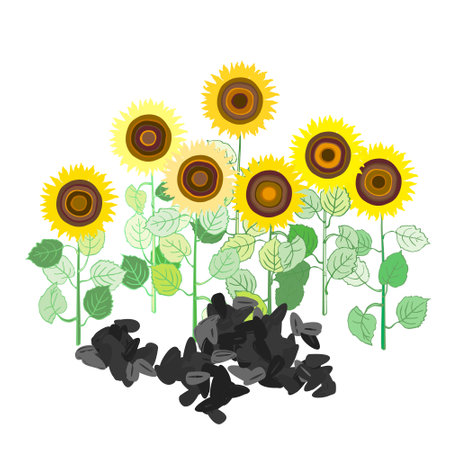 Beautiful plants sunflower with leaves and seeds. Pattern of decorative sunflower on white. summer harvest. botanical print. Vintage vector template for textile, fabric, packaging, wallpaperのイラスト素材
