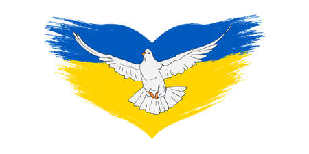 Ukraine, Europe. Vintage card with Ukrainian flag color brush stroke in shape of heart and dove of peace. world peace. Ukrainian nation. Fight for independence. vector illustration for any purposeのイラスト素材
