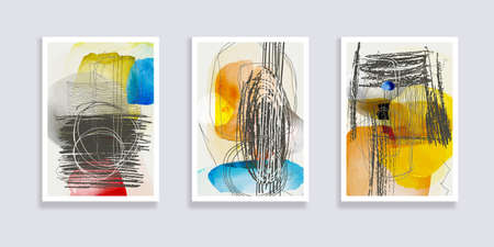 Trendy set of watercolor bright abstract hand painted illustrations. Abstract compositions doodles...
