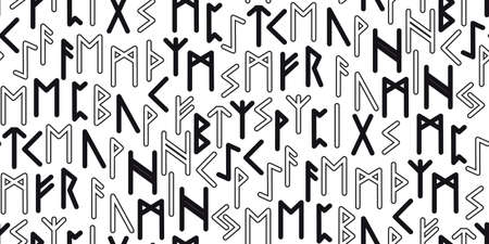 Runes seamless ethnic pattern. Runic alphabet, Futhark. Ancient norse occult symbols, vikings letters on black, rune font. Design for fabric, wallpaper, scrapbook, wrapping. Vector illustrationのイラスト素材