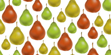 Realistic yellow red green ripe pear. Seamless pattern with fresh sweet juicy pears on white. Vector...